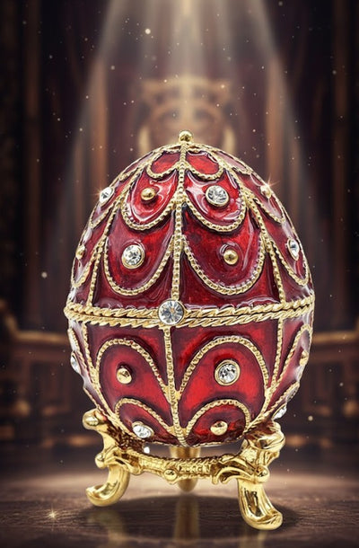 Exclusief metalen Fabergé-doosje met kristalletjes in rood-gouden kleur, mogelijkheid tot personalisatie door gravure, ideaal als cadeau, afmetingen 5,5x6,5cm