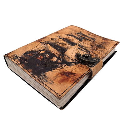 Maritiem retro leren notitieboek Zeilschip met gravure