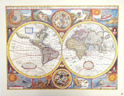 Retro wereldkaart met gravure - gepersonaliseerde decoratie als cadeau - herdruk van John Speed uit 1651 - afmetingen 52 x 39 cm - kleurrijke en gedetailleerde afbeelding