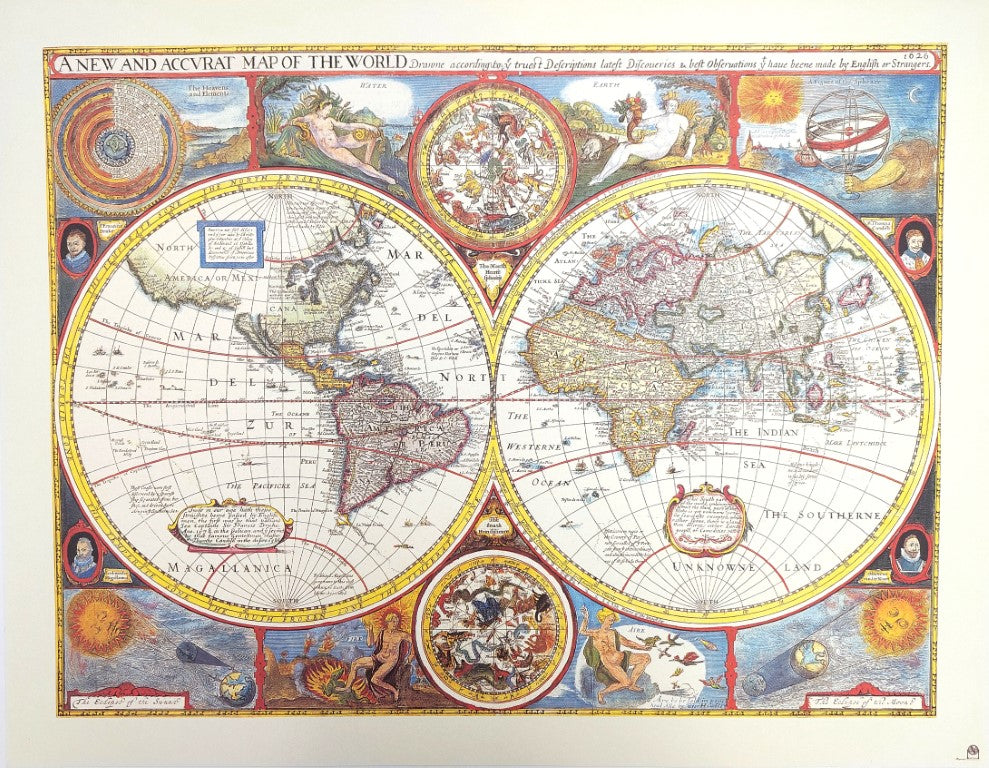 Retro wereldkaart met gravure - gepersonaliseerde decoratie als cadeau - herdruk van John Speed uit 1651 - afmetingen 52 x 39 cm - kleurrijke en gedetailleerde afbeelding