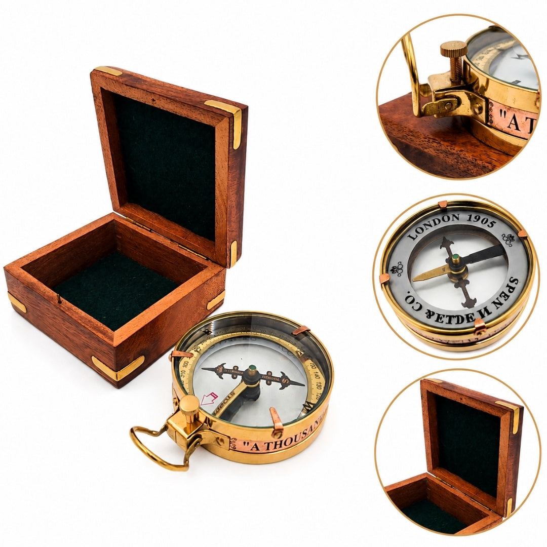 Retro messing kaartleeskompas Map Reader met gravure in houten doos