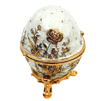 Exclusief metalen Fabergé-ei-sieradendoosje met kristalletjes in wit-gouden kleur met mogelijkheid tot personalisatie met gravure