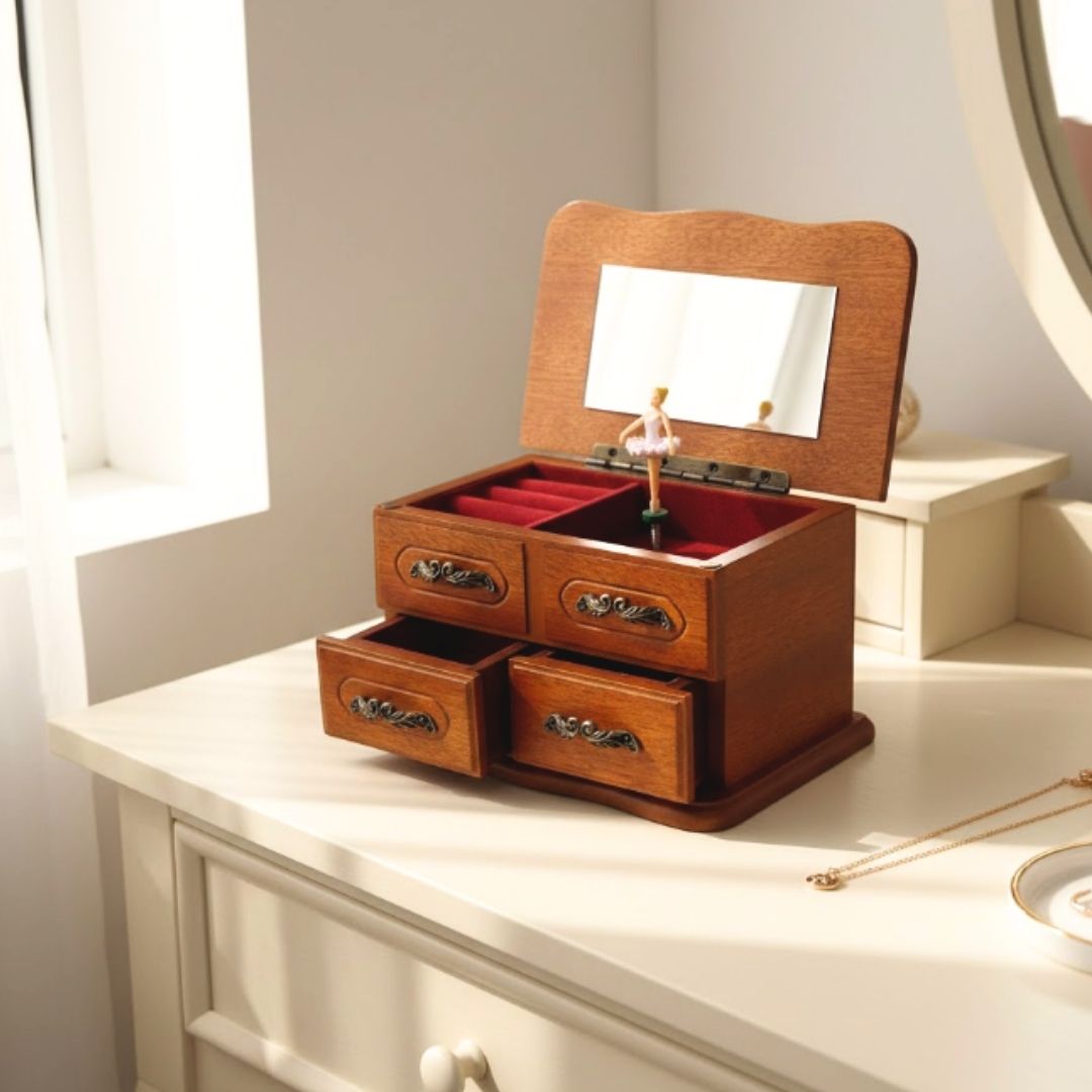 Houten speeldoos-sieradendoosje met spiegeltje en gravure - elegant cadeau voor sieraden met twee laatjes, hoogte 10cm, melodie "The Entertainer