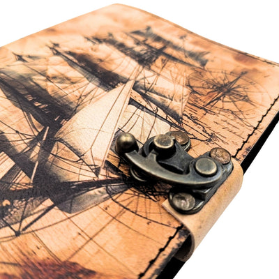 Maritiem retro leren notitieboek Zeilschip met gravure