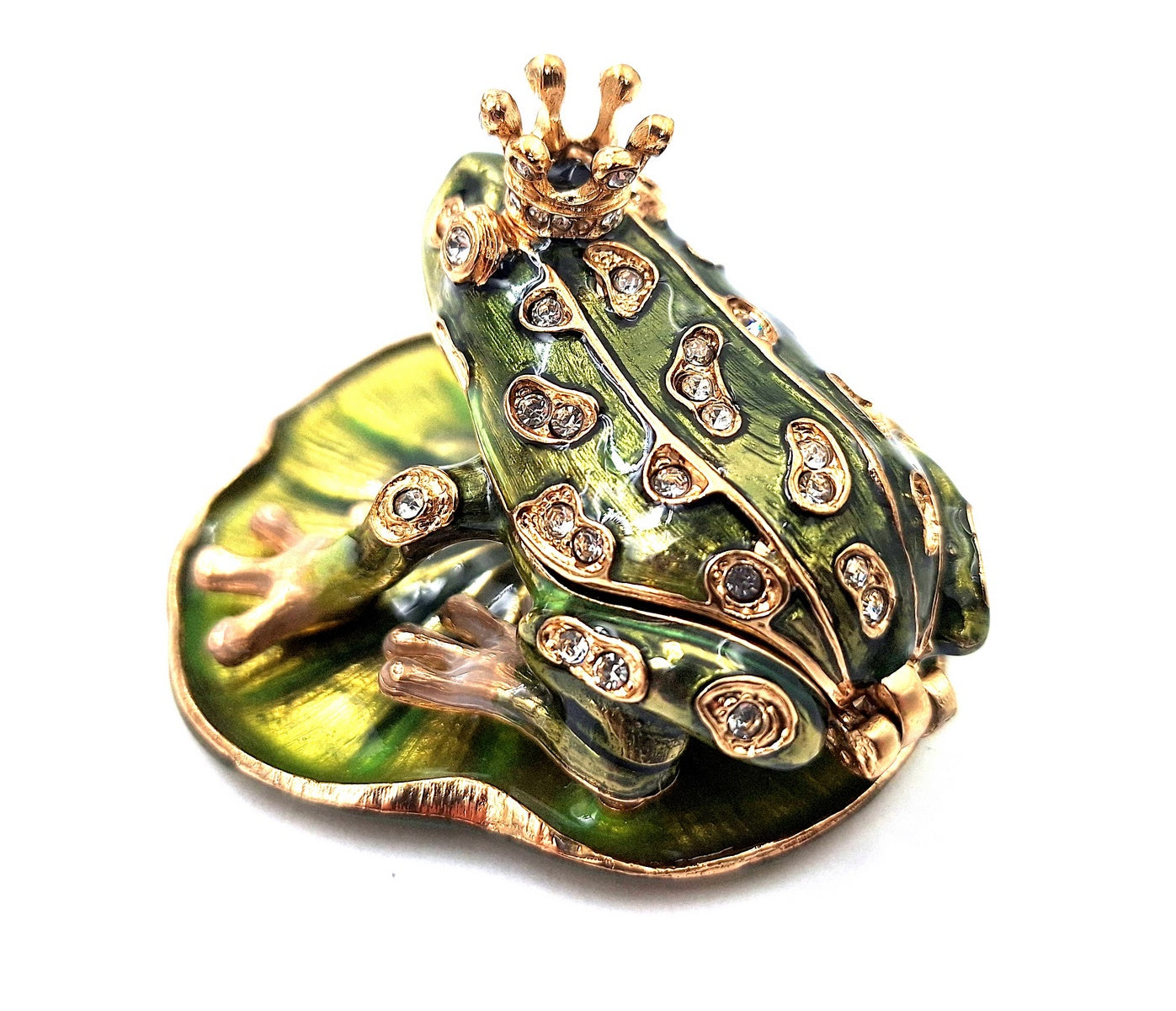 Exclusief metalen doosje in de vorm van een kikker met kristallen, donkergroen en goud, mogelijkheid tot personalisatie door gravure, ideaal als cadeau, afmetingen 6,5x6,7x4,5 cm