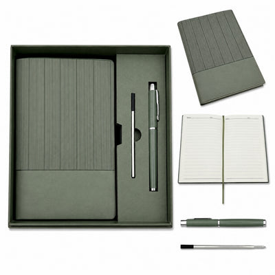Elegante geschenkset met gepersonaliseerde gravure - leren notitieboek A5 in olijfgroen met pen en reservevulling in esthetische geschenkdoos