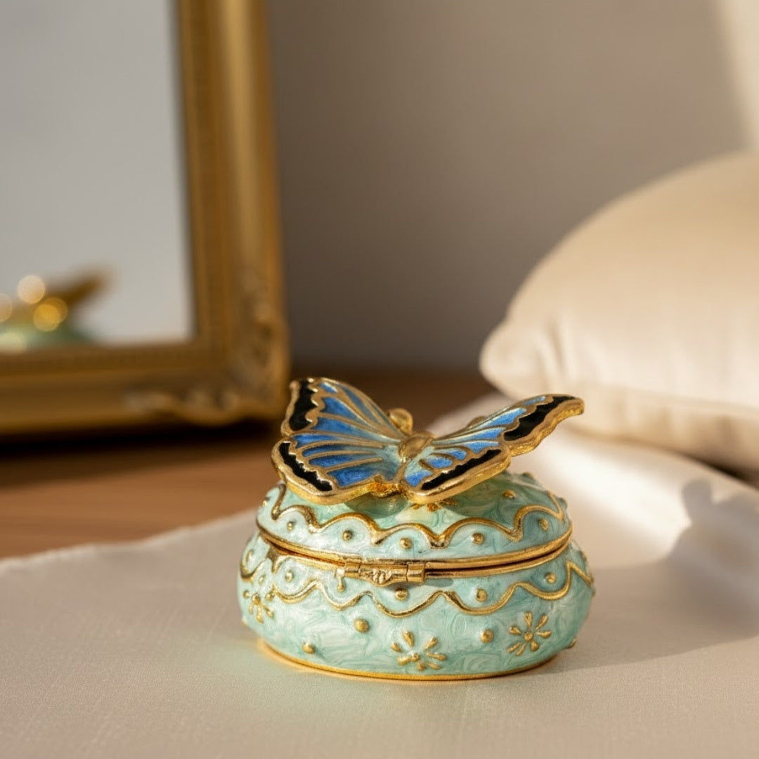 Exclusief sieradendoosje vlinder met kristalletjes, gepersonaliseerd met gravure, wit-goud, hoogte 3,5 cm