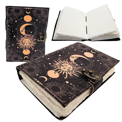 Decoratief leren notitieboek Zon en Maan 200 pagina's met mogelijkheid tot personalisatie door gravure, marineblauw, gemaakt van geitenleer, ideaal als cadeau