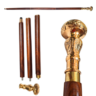 Elegante opvouwbare wandelstok met messing handvat - bruine houten stok met graveermogelijkheid - ideaal cadeau voor een senior met retrostijl - maximale lengte 96 cm