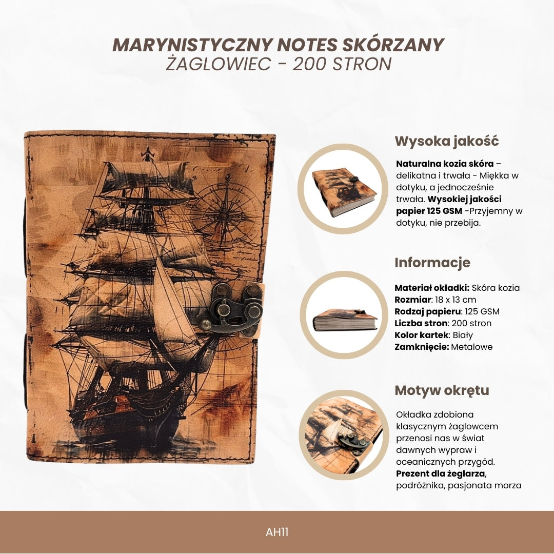 Maritiem retro leren notitieboek Zeilschip met gravure