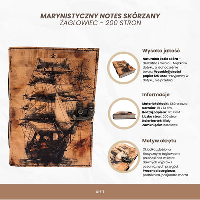 Maritiem retro leren notitieboek Zeilschip met gravure