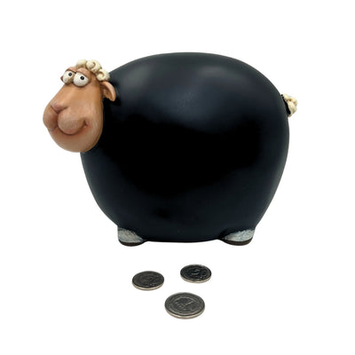 Spaarpot schaapje met schoolbordverf met mogelijkheid tot personalisatie - zwart met beige en witte elementen, hoogte 19,5 cm