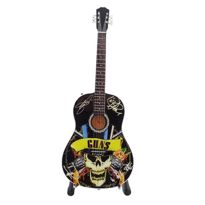 Mini klassieke gitaar Guns N' Roses Tribute MGT-3124 met mogelijkheid tot personalisatie met gravure, ideaal als cadeau voor een gitarist, gemaakt van mahoniehout, hoogte 25 cm