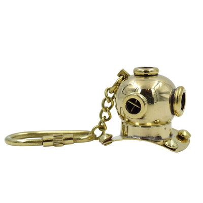 Sleutelhanger duikershelm van messing in goud- en koperkleur met mogelijkheid tot personalisatie met gravure