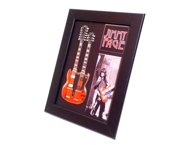Mini-double-neck-gitaar in Jimmy Page-stijl FMG-011 met mogelijkheid tot personalisatie met gravure, ideaal als cadeau - houten frame 1,3cm x 16cm x 21,4cm, stalen constructie