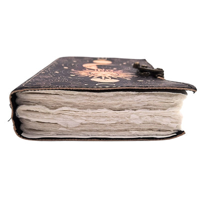 Decoratief leren notitieboek Zon en Maan 200 pagina's met mogelijkheid tot personalisatie door gravure, marineblauw, gemaakt van geitenleer, ideaal als cadeau
