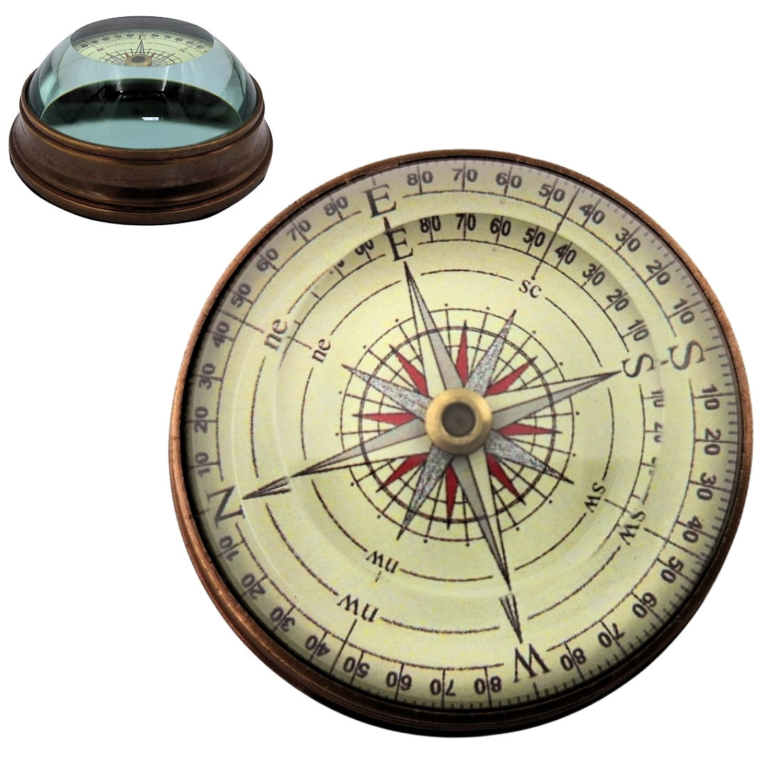 Stijlvol lenskompas van messing en glas met mogelijkheid tot personalisatie met gravure - retro gadget voor op het bureau, ideaal cadeau voor een reiziger - diameter 6,3 cm, hoogte 3 cm, kleur beige, rood en zwart