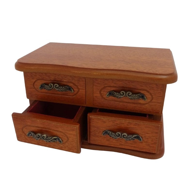 Houten speeldoos-sieradendoosje met spiegeltje en gravure - elegant cadeau voor sieraden met twee laatjes, hoogte 10cm, melodie "The Entertainer