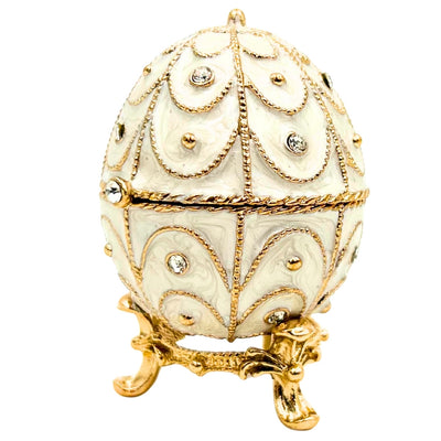 Exclusief metalen Fabergé-ei-sieradendoosje met kristalletjes in wit-goud met mogelijkheid tot personalisatie met gravure
