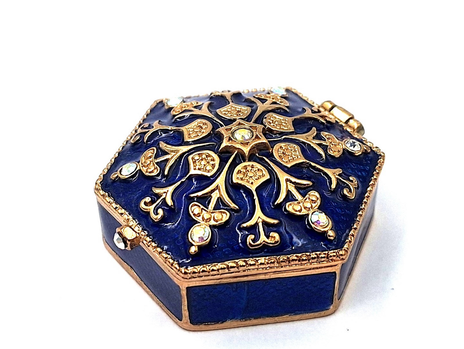 Elegant metalen geschenkdoosje met kristalletjes B0035-08BL in marineblauw-gouden kleurstelling met mogelijkheid tot personalisatie door gravure