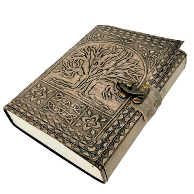 Retro leren notitieboek Levensboom met gravure