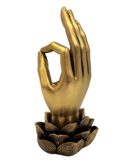 Gouden beeldje Hand van Boeddha Mudra OM met gravure - elegante decoratie als cadeau - lotusbloem, 21cm, polyresin, glamourstijl