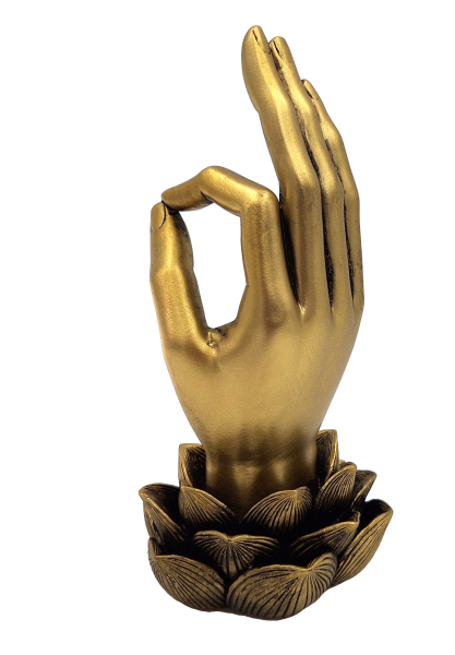 Gouden beeldje Hand van Boeddha Mudra OM met gravure - elegante decoratie als cadeau - lotusbloem, 21cm, polyresin, glamourstijl
