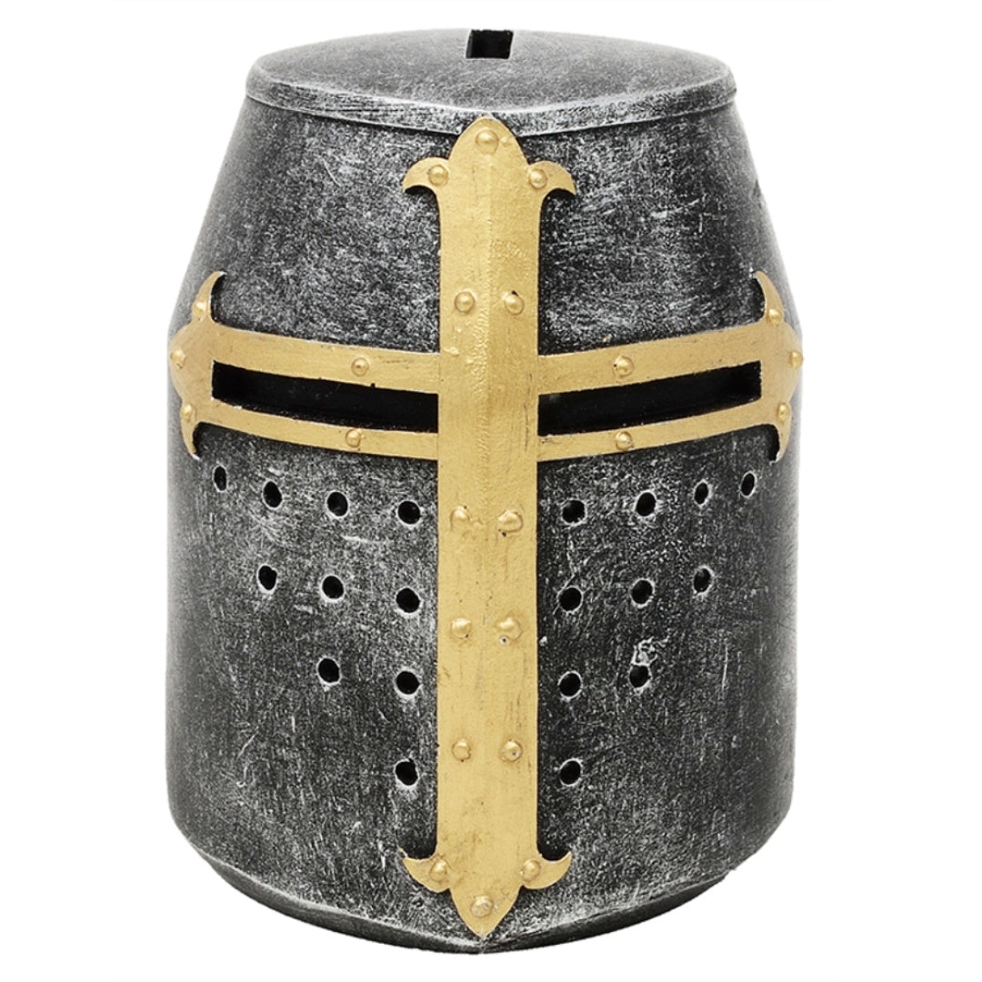 Spaarpot kruisridderhelm met personalisatie met gravure – uniek cadeau in middeleeuwse stijl, hoogte 10 cm, handbeschilderd, van polyresin
