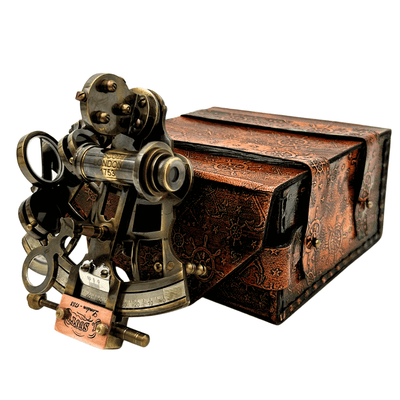 Retro messing sextant in leren etui - elegant navigatie-instrument met graveermogelijkheid - ideaal cadeau voor liefhebbers van zeilen en geschiedenis - afmetingen 13x12x7 cm