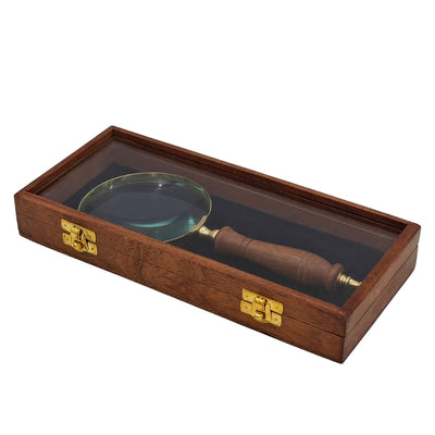 Loep vergrootglas met houten handvat en messing afwerking in elegante doos met glazen bovenkant - ideaal cadeau met graveermogelijkheid - afmetingen 23 x 10 cm, natuurlijke materialen