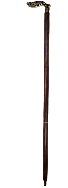 Elegante opvouwbare houten wandelstok met rijk versierd handvat in bruin en goud, met mogelijkheid tot personalisatie met gravure