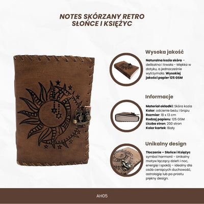 Retro leren notitieboek Zon en Maan 200 pagina's met mogelijkheid tot personalisatie door gravure, beige-bruin, ideaal als cadeau voor een kunstenaar of liefhebber van de magie van alledag