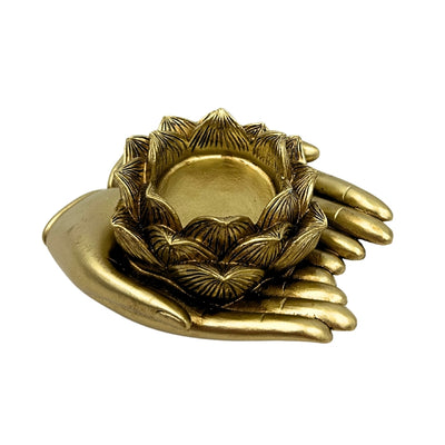 Gouden glamour-theelichthouder met mogelijkheid tot personalisatie met gravure – Elegant decoratief interieurelement met afmetingen 11,5 x 9,4 x 4,8 cm van polyresin