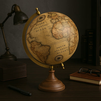 Stijlvolle decoratieve retro globe op houten voet 32 cm met personalisatiemogelijkheid door gravure