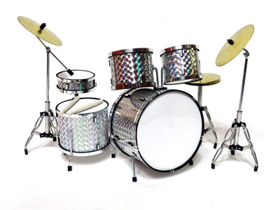 Mini-drumstel voor verzamelaars MDR-0039 in zilver-chroomkleur, schaal 1:5, mogelijkheid tot personalisatie met gravure, ideaal als cadeau, hoogte 15 cm, gemaakt van metaal en kunststof