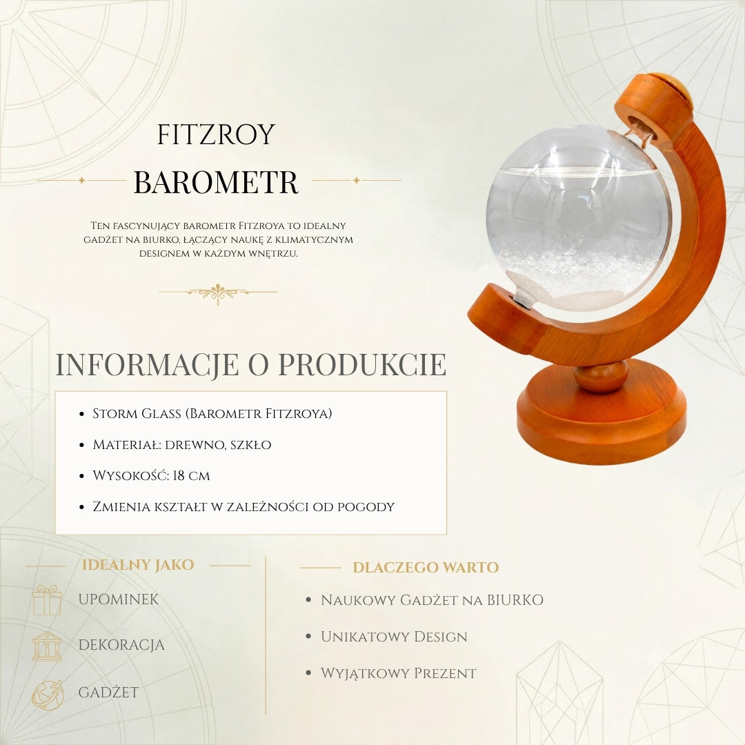 FitzRoy stormbarometer-globe met mogelijkheid tot graveren - elegante bureaudecoratie van glas en hout, hoogte 18,5 cm