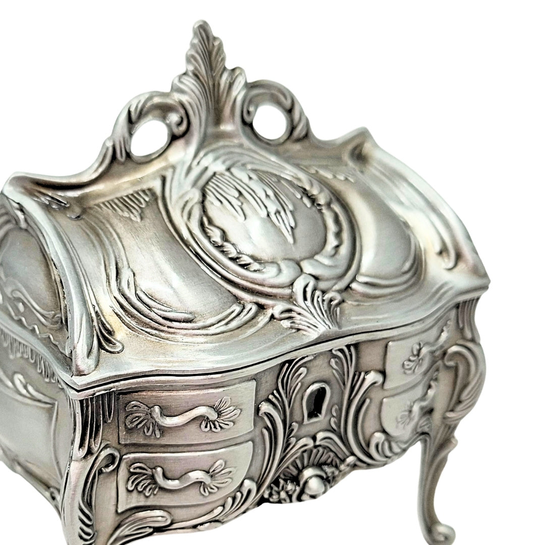 Metalen zilveren retro sieradendoosje 2056M met graveermogelijkheid - elegant cadeau voor Moederdag of verjaardag, afmetingen 9,7 x 10 x 6,7 cm, rococostijl met florale ornamenten