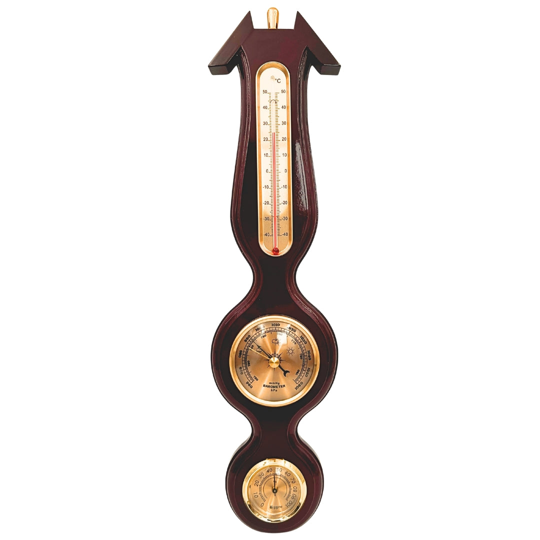 Elegant 3-in-1 weerstation met gravure – thermometer, barometer, hygrometer in donker hout, 40cm