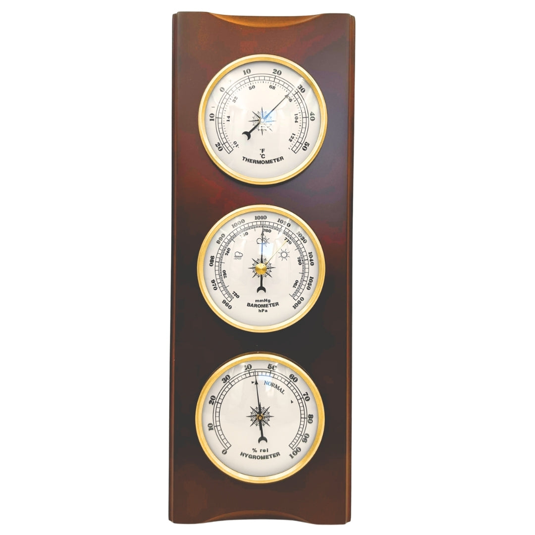 Elegant retro-weerstation 36cm met gravure – barometer, thermometer, hygrometer in houten behuizing