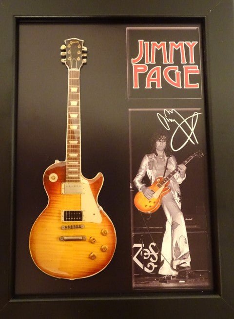 Mini-gitaar in Jimmy Page-stijl met lijst FMG-012, mogelijkheid tot personalisatie met gravure, ideaal als cadeau, houten lijst 1,3cm x 16cm x 21,4cm, stalen mini-gitaar om neer te zetten of aan de muur te hangen