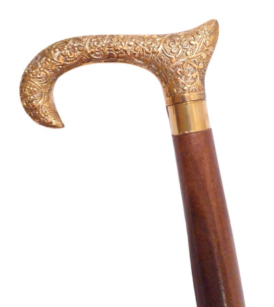 Houten wandelstok met gouden handvat - opvouwbaar - elegant cadeau met mogelijkheid tot personalisatie met gravure - 91,5 cm, bruin met messing handgreep
