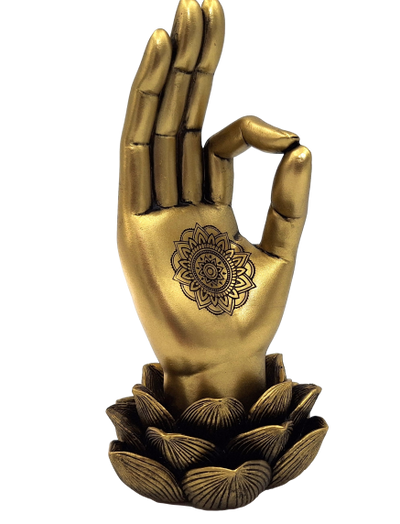 Gouden beeldje Hand van Boeddha Mudra OM met gravure - elegante decoratie als cadeau - lotusbloem, 21cm, polyresin, glamourstijl