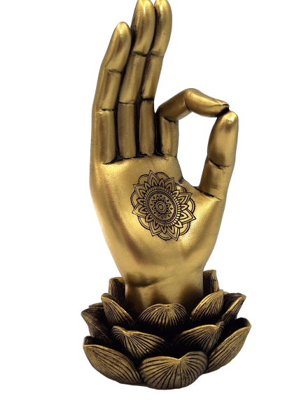 Gouden beeldje Hand van Boeddha Mudra OM met gravure - elegante decoratie als cadeau - lotusbloem, 21cm, polyresin, glamourstijl
