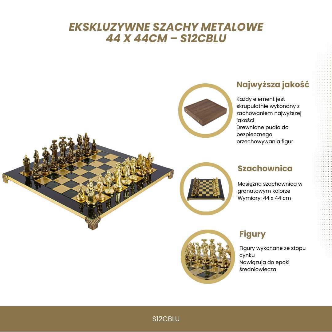 Exclusief metalen schaakspel met messing schaakbord 44 x 44 cm – middeleeuwse figuren met mogelijkheid tot personalisatie door gravure