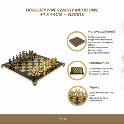 Exclusief metalen schaakspel met messing schaakbord 44 x 44 cm – middeleeuwse figuren met mogelijkheid tot personalisatie door gravure