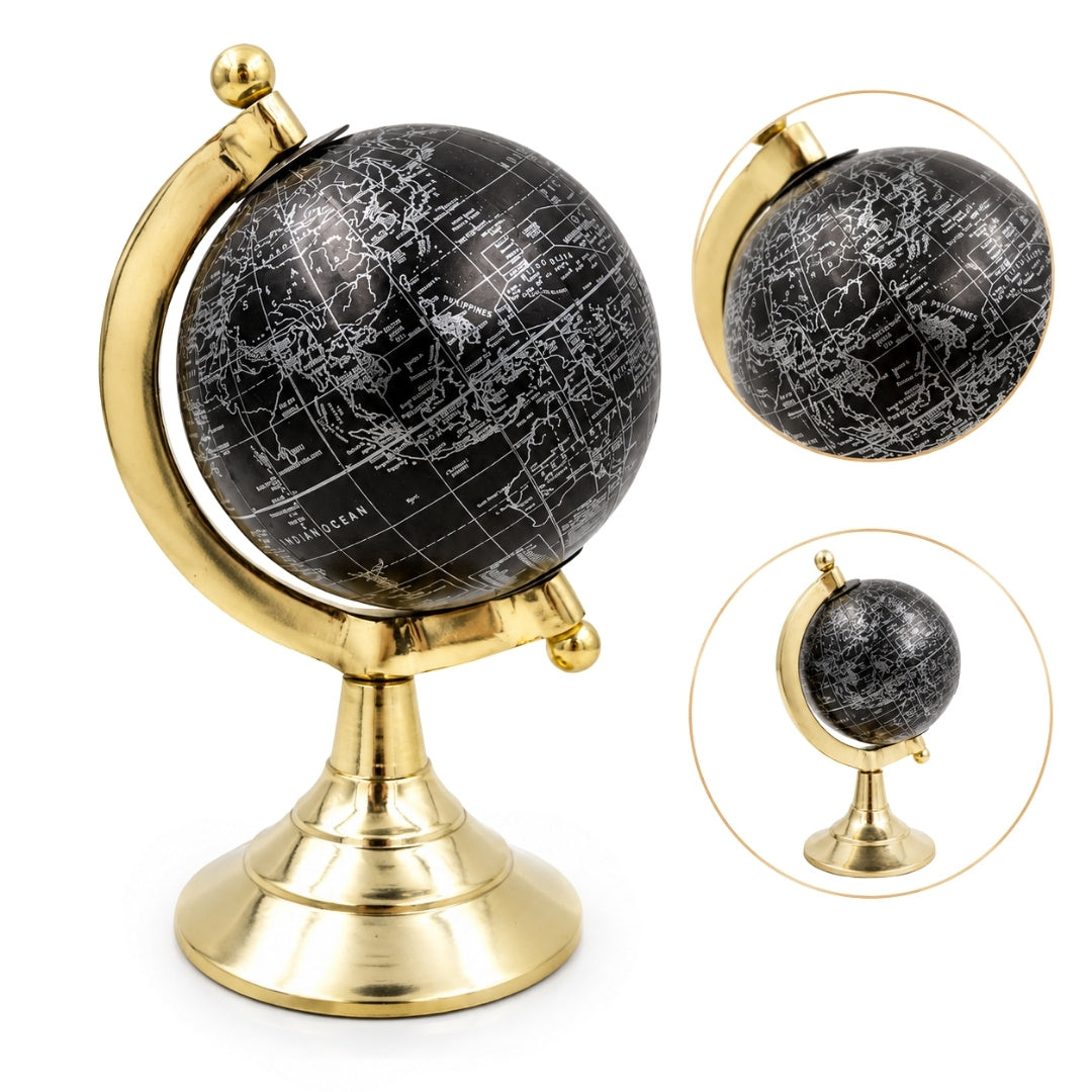 Decoratieve globe Black & Gold met mogelijkheid tot personalisatie van de gravure – elegant cadeau-accessoire, hoogte 20 cm, messing voet, zwarte kaart met zilveren opschriften