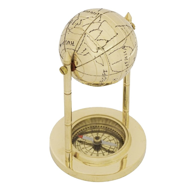 Decoratieve messing wereldbol met kompas en mogelijkheid tot personalisatie met gravure, goudkleurig, hoogte 12,5 cm