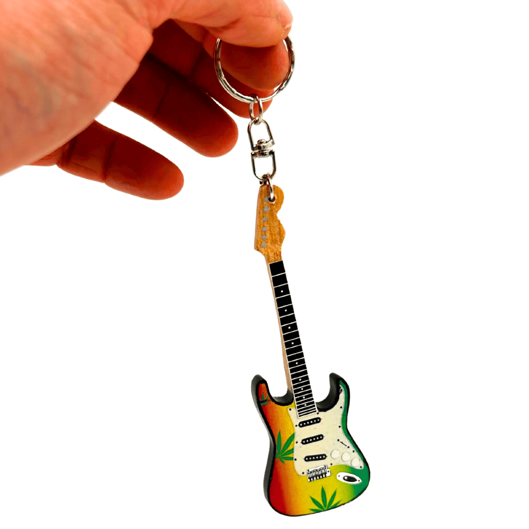 Mahoniehouten sleutelhanger Bob Marley Reggae-gitaar met mogelijkheid tot personalisatie met gravure