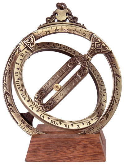 Zonnewijzer H21 met astronomische ringen, gepersonaliseerd met gravure, elegant cadeau voor op het bureau, hoogte 12 cm, messing en zamak