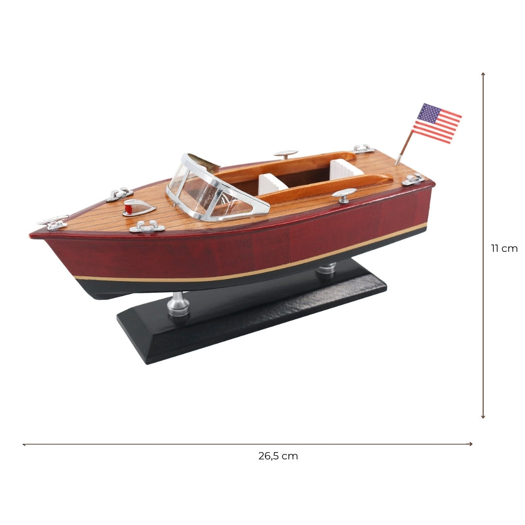Model van houten motorboot met gravure – klassieke motorboot 26cm in diepe houttinten